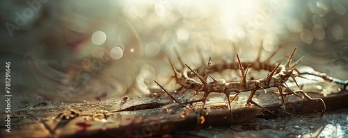 Jesus' crown of thorns on wooden surface, captured in a bokeh panorama style with carved wooden blocks, creating a minimalistic still life featuring drawing and writing tools with soft, rounded shapes