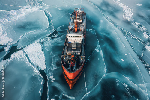 A large nuclear icebreaker navigates through ice-covered water, breaking through the frozen surface.