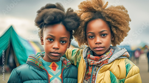 African siblings, symbolizing respect and diversity, wear stylish coats and afro hairstyles.