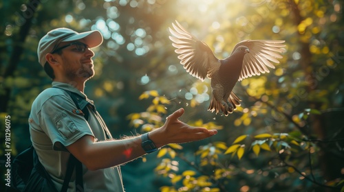 An ornithologist with a pigeon in the woods. Sun glare