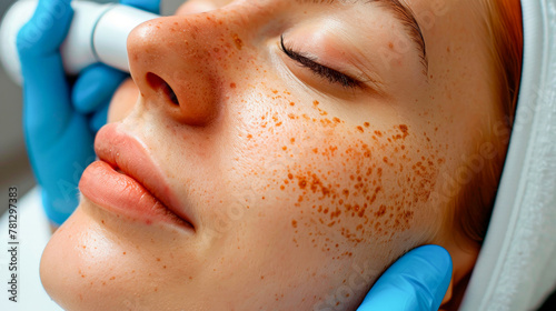 Close-up of woman a dermatological exam on freckled skin, showcasing a skincare routine and complexion analysis. Complex facial skin care treatments. Relaxation and unwinding. Banner. Copy space