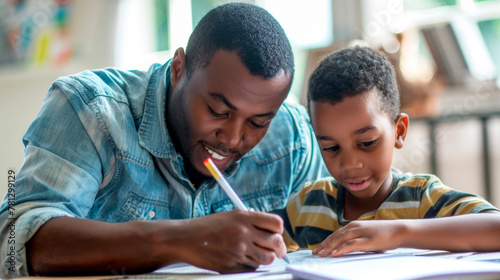 An adult black male father helps his boy son do his homework at the table in a bright room. Relationship between parents and children. Home online learning. Banner. Copy space