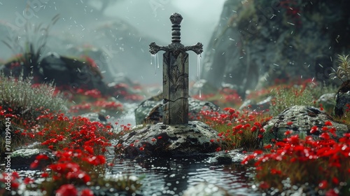 An illustration with a 3D digital sword in the stone