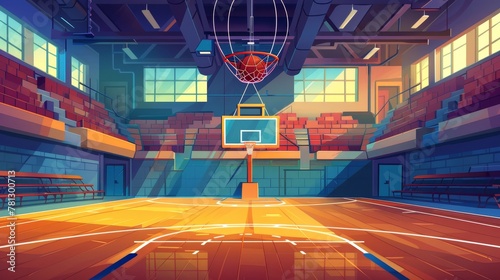 This modern cartoon illustration shows an empty school gym, a sports ground with wooden floor, fan seats for a game tournament, and a scoreboard.