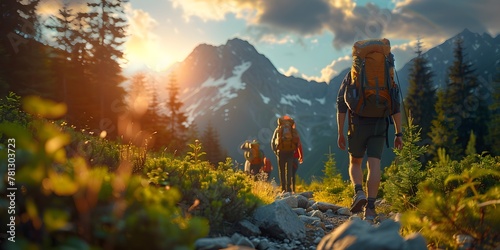 A group of adventurous friends hiking up a rugged mountain trail during a picturesque summer sunset.