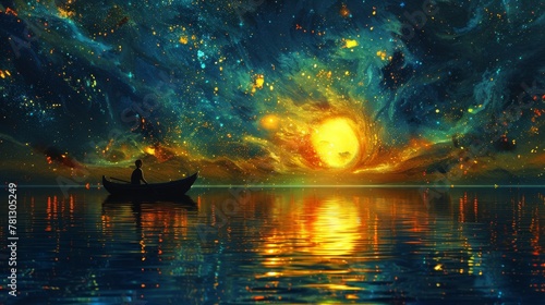 Illustration painting of a boy rowing a boat on the shore of a starry night with mysterious light, digital art style