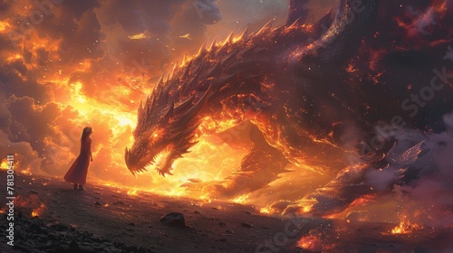 Fantasy scene with a girl fighting a fire dragon, illustration painting in digital style