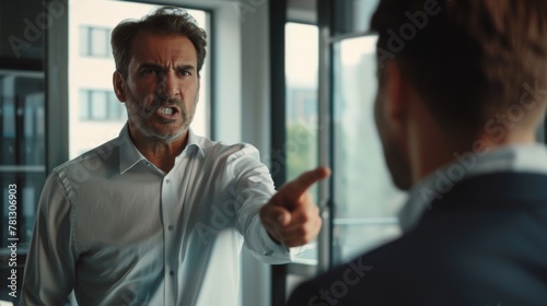 Senior businessman in a white shirt angrily pointing a finger, with an expression of authority, reprimand, or intense conversation.
