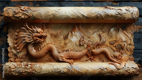The illustration shows an old scroll with ornamental dragons...