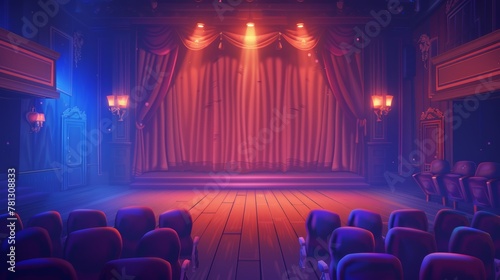 The stage of a theater has red curtains and spotlights with empty seats rows. The interior of the theater also has luxury velvet drapes, typical for music halls, opera houses, and drama theaters.
