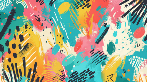 A playful and whimsical background filled with bright shades: turquoise, pink, yellow, black, white.