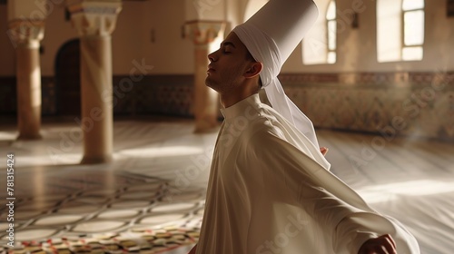 dancer in a white cloak and a tall rectangular hat performing whirling dance