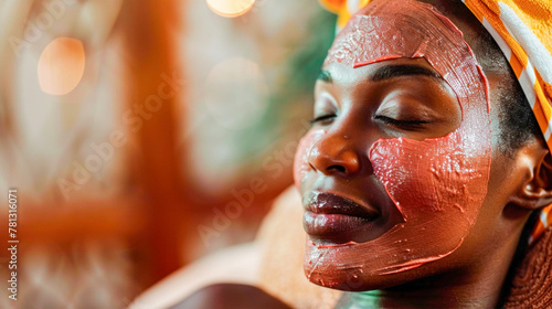 A black young woman with a red face mask made of cream and seaweed lies on a couch with her eyes closed, wearing a bright red and gold headdress. Spa treatments. Banner. Copy space