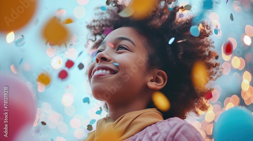 Joyful smiling black woman with curly hair enjoying a party. Various backgrounds and colors. Multicolored confetti. Joy of life and pleasant moments.