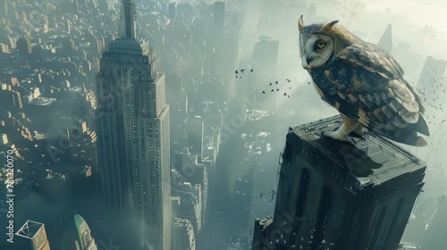 Cybernetic Owl Surveying the Futuristic Cityscape from Towering Skyscraper