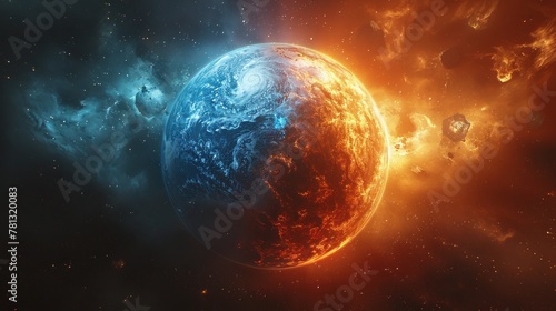 A planet with fiery and icy halves, symbolizing extremes.