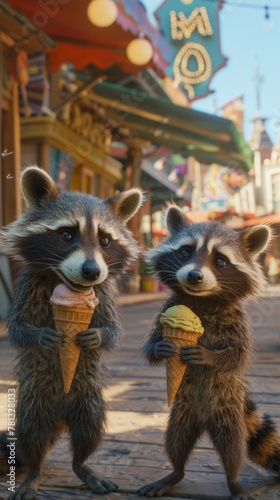 A crowded boardwalk witnesses a pair of raccoons accidentally swapping ice cream cones. Vertically oriented fairy tale illustration. 