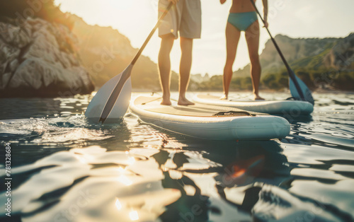  Two people share a joyful moment on a paddle board in calm water, close-up. Enjoy the tranquility and connection. Perfect for outdoor enthusiasts and water lovers.