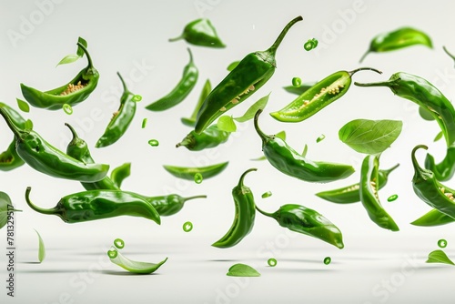 Green chili peppers falling on white background 