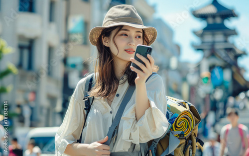  A young traveler capturing a moment on her smartphone, embodying modern exploration and connectivity.
