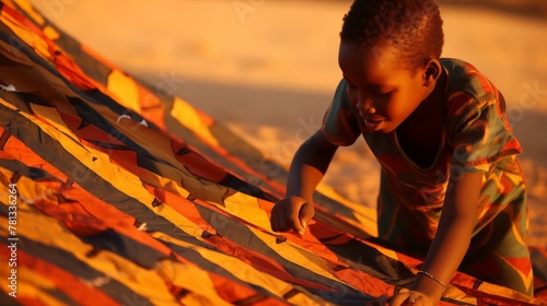 A resourceful African child assembling a shelter from repurposed materials found amidst the arid sands, their makeshift home a testament to resilience in the harsh desert environment.