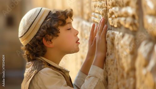 A Jewish boy in prayer: A young boy with a yarmulke kippah leans against the Western Wall in Jerusalem, deep in prayer, embodying devotion and faith. Concept of spiritual devotion and religious faith.