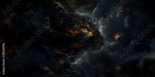 The image of a cat's head among the endless stars and nebulae of space