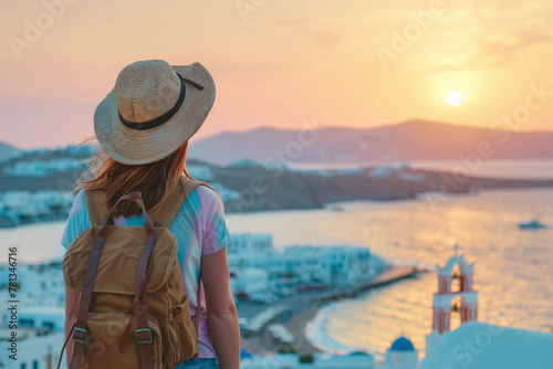 Europe travel vacation fun summer woman with hat and backpack enjoying beautiful view in Oia, Santorini, Greece island. Carefree girl tourist in European destination exploring Greece, Santorini..