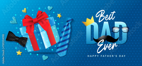 Best Dad Ever, Happy Fathers Day concept with gift box. I love you DAD promotion poster with hearts on blue background. Vector illustration