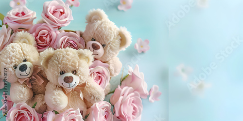 Three teddy bears sitting among pink roses against blue background, creating a sweet and charming scene