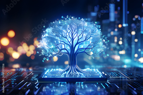 Vibrant circuit board with a tree, symbolizing the fusion of technology and nature.Tree growing from computer circuit board. Concept of green technology and IT ethics.