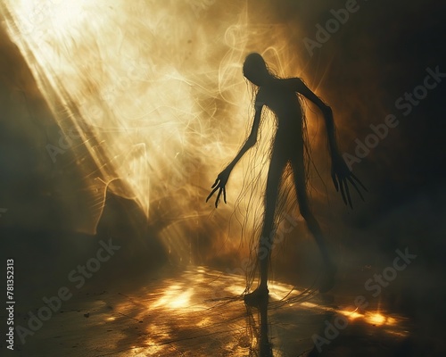 Slender demon, short legs, large head, hand eyes, fashion shot, dynamic backlighting