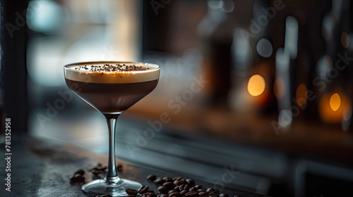 Ein Espresso Martini mit Schaum darauf, umgeben von verstreuten Kaffeebohnen auf dem Tisch. Das Getränk befindet sich in einem eleganten Glas und hat eine satte Farbe, die seine Textur widerspiegelt 