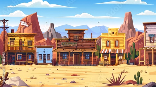 Modern cartoon illustration of a western town with old wooden buildings. Wild west desert landscape with cactuses. Catholic church, saloon, sheriff's office, bank, hotel, and bank.