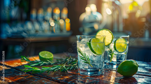 Gin Tonic Cocktail, umgeben von verstreutenWacholder auf dem Tisch. Das Getränk befindet sich in einem eleganten Glas und hat eine satte Farbe. 