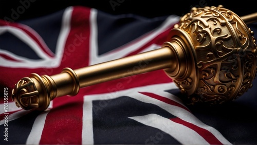 Close-up of golden royal scepter with intricate carvings, resting on British flag, against dark background