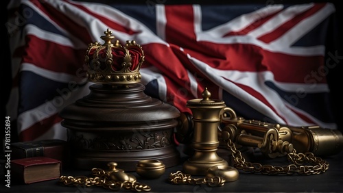 A royal golden crown on a wooden table with books and gold national items, with a waving British flag displayed behind, antique, decoration, traditional background