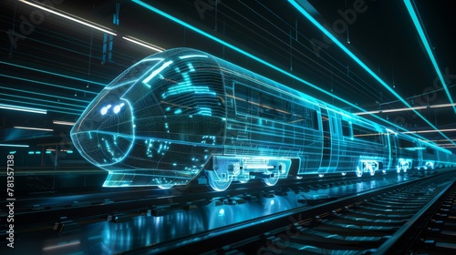 Train of the future in wireframe, station angle, glowing lines of electric blue and silver, clear and detailed
