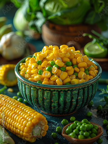 Sweet corn and green peas in bowl