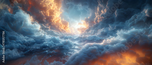 64k, 8k widescreen, 21:9, cloud skyscape, Fiery Sky and Water Blend, A captivating scene merging of fire and water against a backdrop of azure sky and billowing clouds, evoking a mesmerized nature
