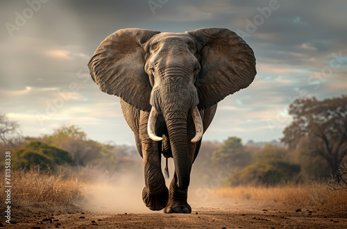 Single elephant walking towards the camera in cloud of dust