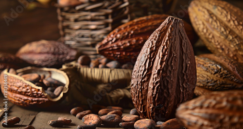 Cocoa beans and cocoa pod cocoa powder and chocolate on the wooden background