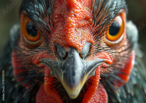 Close up of rooster's face. Chicken tabaka