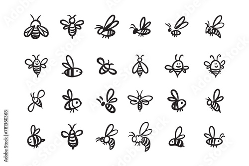 Doodle hand drawn bee. Set Cartoon outline line style bees.