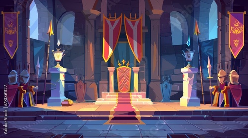 The thrones of the King and Queen in the castle hall with flags and guards with swords and stone statues. Fantasy, fairy tale, pc game Cartoon modern illustration.