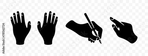 Hands, writes with pen and points with index finger, graphic design. Arm and wrist, people, body parts, vector design and illustration