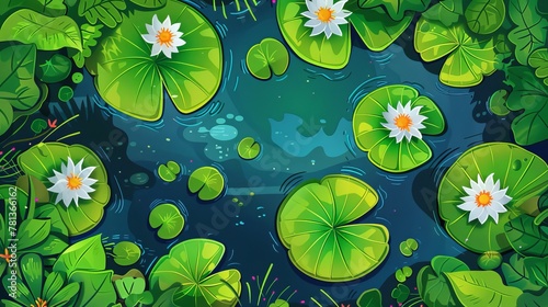A swamp or lake top view with nenuphars or water lily pads. Natural background with deep marsh and lotus leaves, wild pond covered with duckweed and waterlily plants. Cartoon modern illustration.