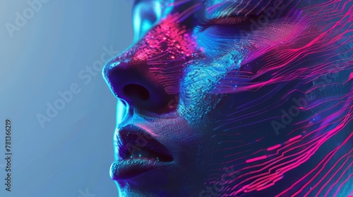 A woman's face is shown in a blue and pink color scheme. The image has a futuristic and artistic feel to it, with the woman's face being the main focus