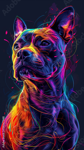 chien Staffordshire Bull Terrier sur fond noir avec effets néon multicolore