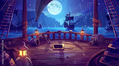 Pirate ship deck onboard night view, wooden boat with a cannon, a glow lantern, a barrel of wood, the hold entrance, mast with ropes, and the Jolly Roger flag against a dark seascape background,